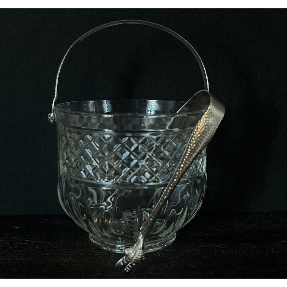 Glass Ice Bucket Diamond Pattern Pressed Hammered Handle & Embossed Tongs - Picture 2 of 6
